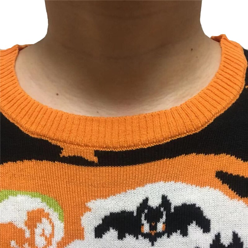 Cute Knit Crewneck Cosy Vintage Star Bats Pumpkin Black Cat Pattern Women and Mens Ugly Halloween Sweater
