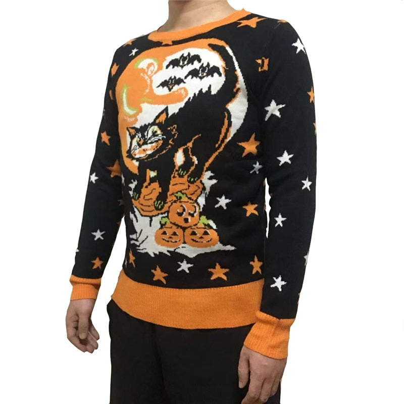 Cute Knit Crewneck Cosy Vintage Star Bats Pumpkin Black Cat Pattern Women and Mens Ugly Halloween Sweater