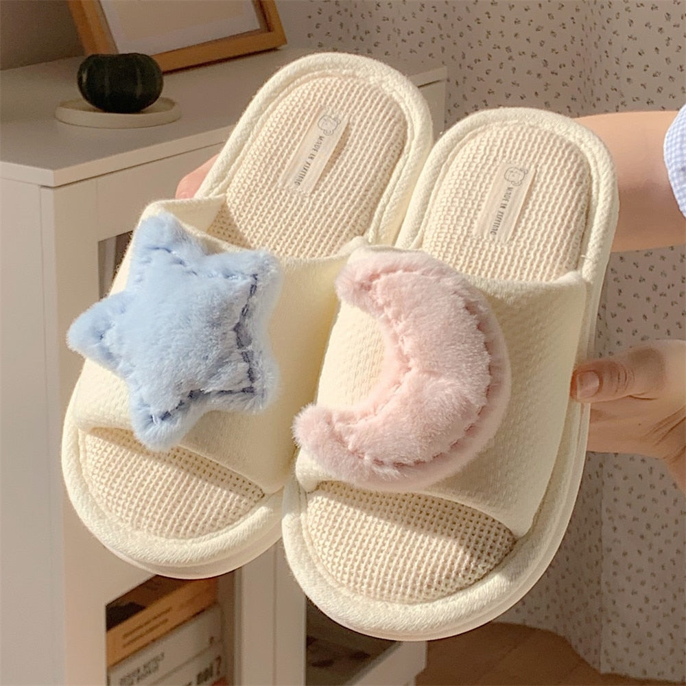 Cute Strawberry Plush Slippers Autumn House Slides Female Flip Flops Women Slippers Winter Home Warm Furry Linen Slippers Women Stars - Moon