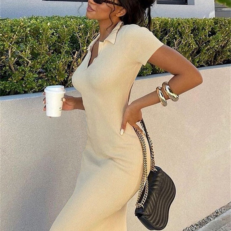 Cutenew Elegant Knitted Short Sleeve Bodycon Maxi Dress Women Summer Sexy Backless Bandage Streetwear Solid Stretch Lady Dresses Khaki