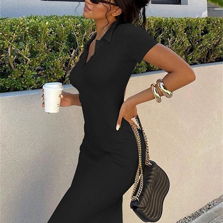 Cutenew Elegant Knitted Short Sleeve Bodycon Maxi Dress Women Summer Sexy Backless Bandage Streetwear Solid Stretch Lady Dresses Black