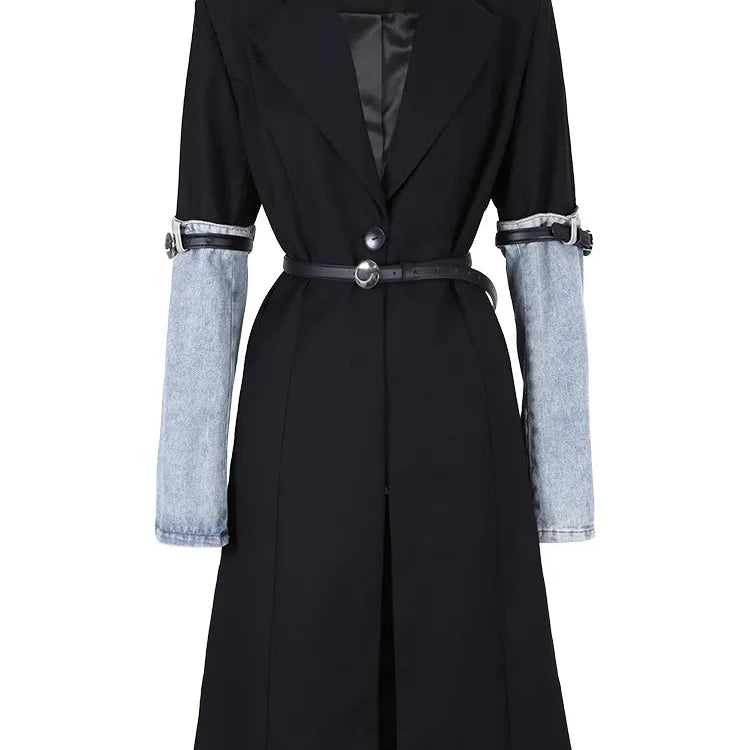 DEAT Fashion Women's Jeans High Waist Straight Patchwork PU Leather Buckle Streetwear Denim Pants Spring 2023 New Trend 17A2013H trench