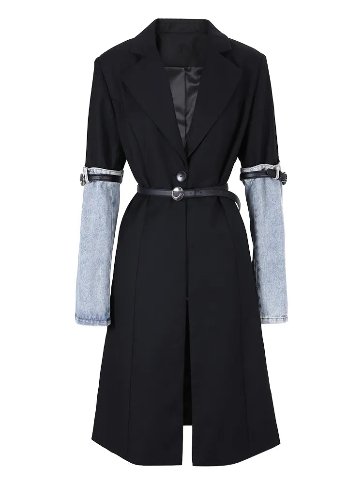 DEAT Fashion Women's Jeans High Waist Straight Patchwork PU Leather Buckle Streetwear Denim Pants Spring 2023 New Trend 17A2013H trench