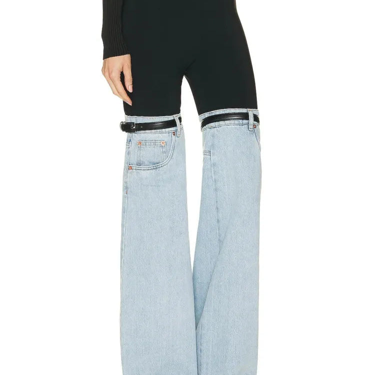 DEAT Fashion Women's Jeans High Waist Straight Patchwork PU Leather Buckle Streetwear Denim Pants Spring 2023 New Trend 17A2013H