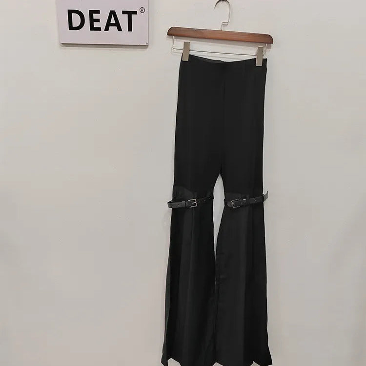 DEAT Fashion Women's Jeans High Waist Straight Patchwork PU Leather Buckle Streetwear Denim Pants Spring 2023 New Trend 17A2013H Black not denim