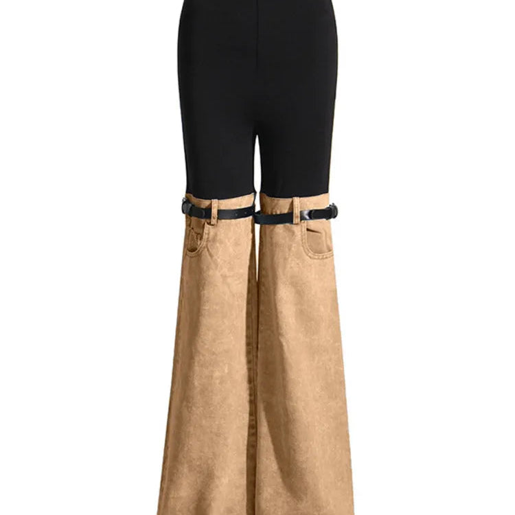 DEAT Fashion Women's Jeans High Waist Straight Patchwork PU Leather Buckle Streetwear Denim Pants Spring 2023 New Trend 17A2013H khaki