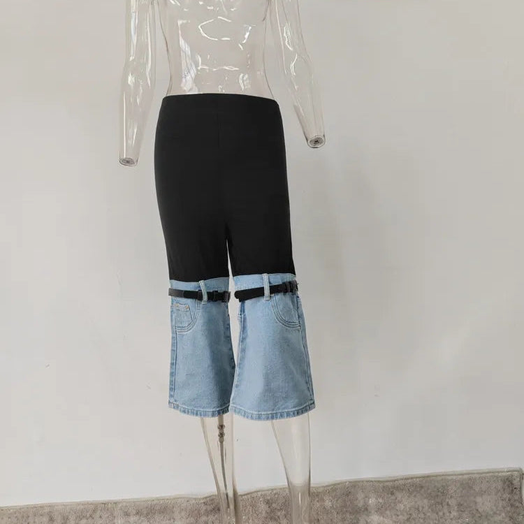 DEAT Fashion Women's Jeans High Waist Straight Patchwork PU Leather Buckle Streetwear Denim Pants Spring 2023 New Trend 17A2013H Calf-Length Pant