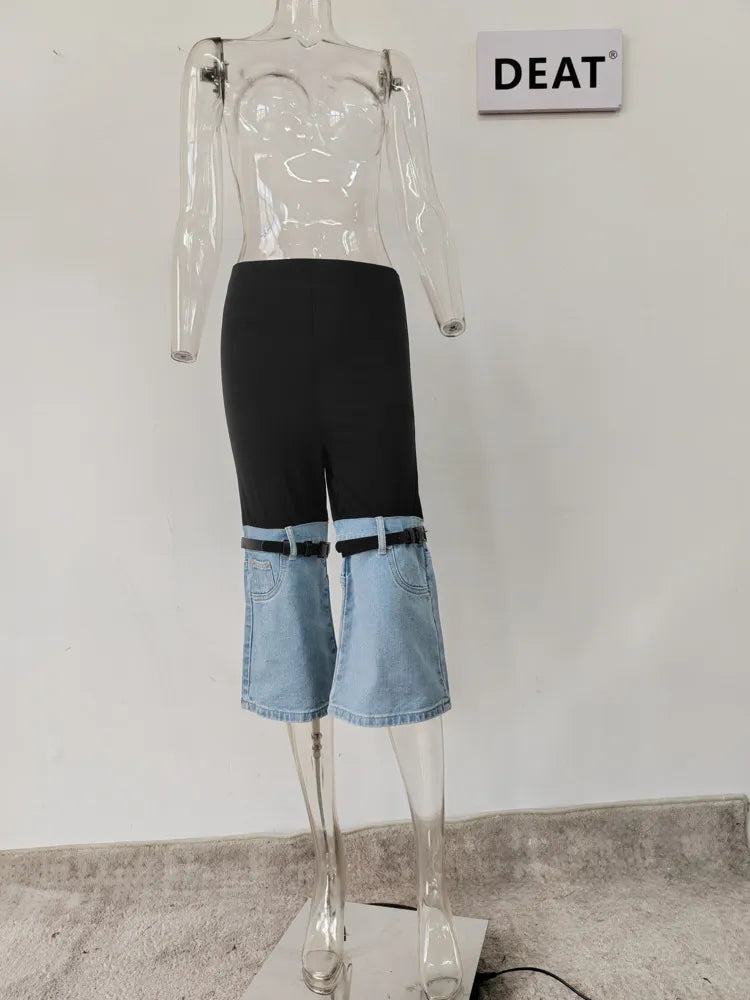 DEAT Fashion Women's Jeans High Waist Straight Patchwork PU Leather Buckle Streetwear Denim Pants Spring 2023 New Trend 17A2013H Calf-Length Pant