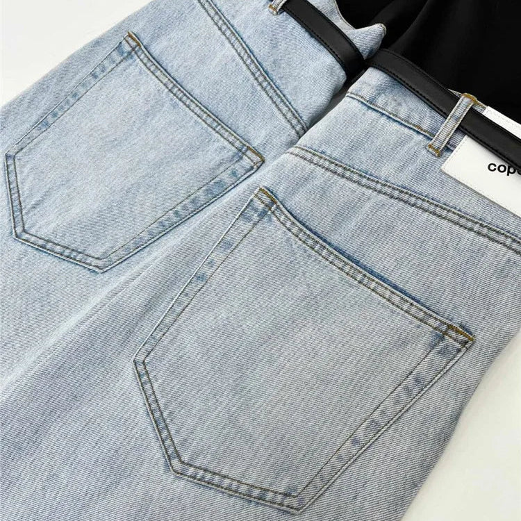 DEAT Fashion Women's Jeans High Waist Straight Patchwork PU Leather Buckle Streetwear Denim Pants Spring 2023 New Trend 17A2013H