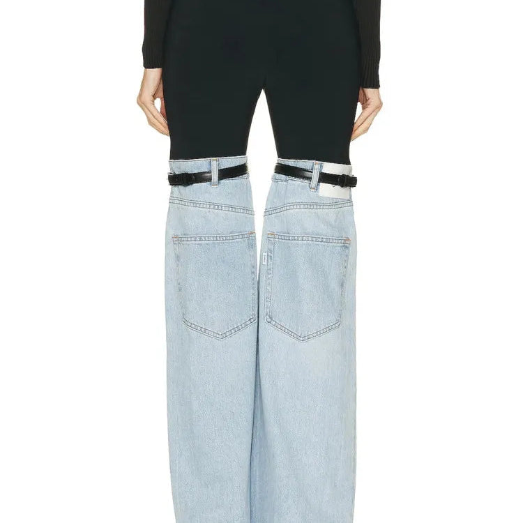 DEAT Fashion Women's Jeans High Waist Straight Patchwork PU Leather Buckle Streetwear Denim Pants Spring 2023 New Trend 17A2013H