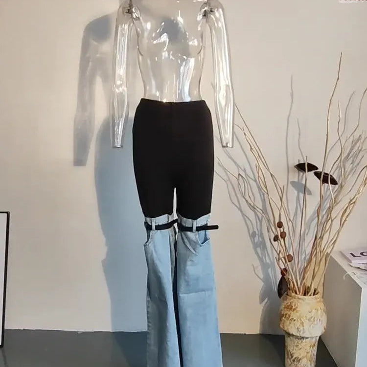 DEAT Fashion Women's Jeans High Waist Straight Patchwork PU Leather Buckle Streetwear Denim Pants Spring 2023 New Trend 17A2013H Full Length