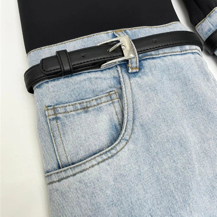 DEAT Fashion Women's Jeans High Waist Straight Patchwork PU Leather Buckle Streetwear Denim Pants Spring 2023 New Trend 17A2013H