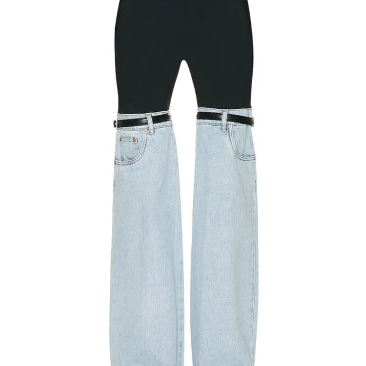 DEAT Fashion Women's Jeans High Waist Straight Patchwork PU Leather Buckle Streetwear Denim Pants Spring 2023 New Trend 17A2013H