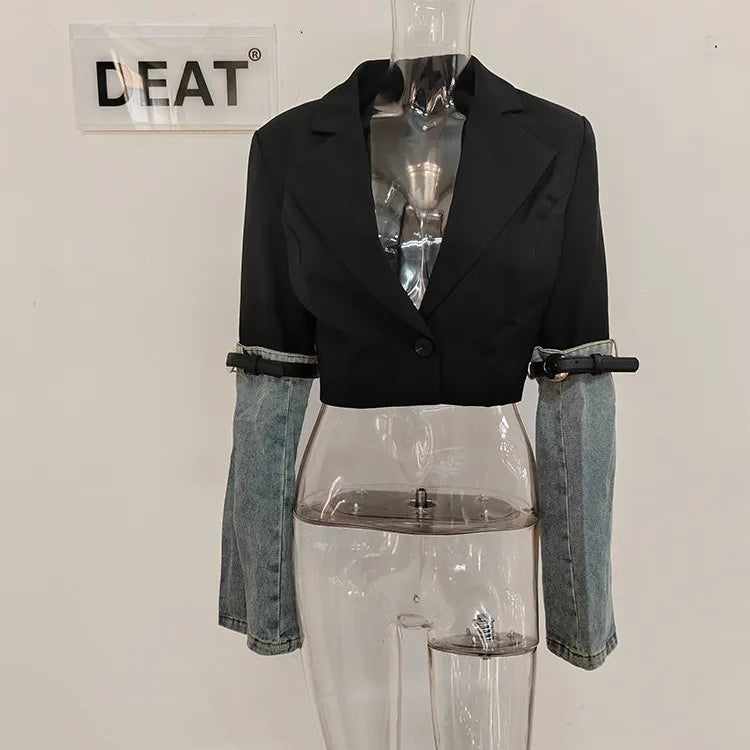 DEAT Fashion Women's Jeans High Waist Straight Patchwork PU Leather Buckle Streetwear Denim Pants Spring 2023 New Trend 17A2013H coat