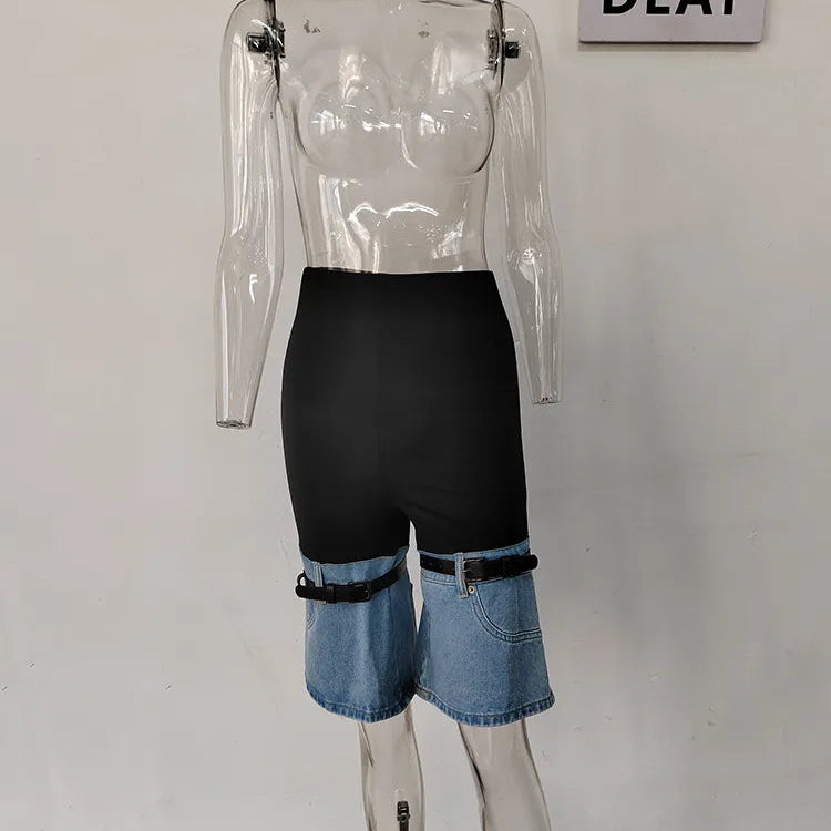 DEAT Fashion Women's Jeans High Waist Straight Patchwork PU Leather Buckle Streetwear Denim Pants Spring 2023 New Trend 17A2013H knee-length