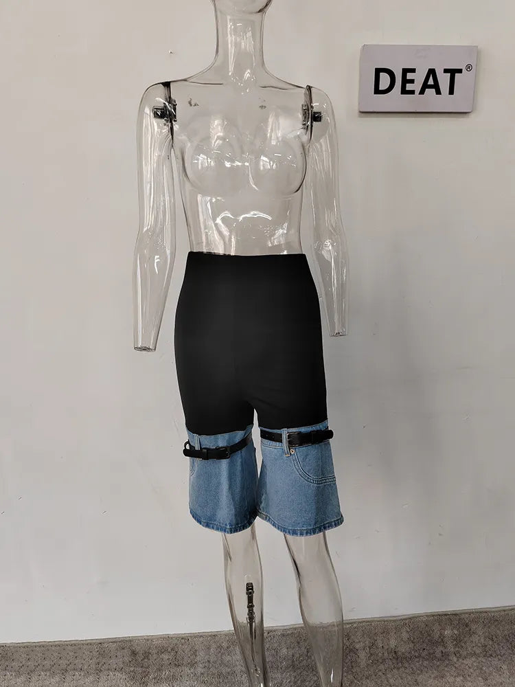 DEAT Fashion Women's Jeans High Waist Straight Patchwork PU Leather Buckle Streetwear Denim Pants Spring 2023 New Trend 17A2013H knee-length