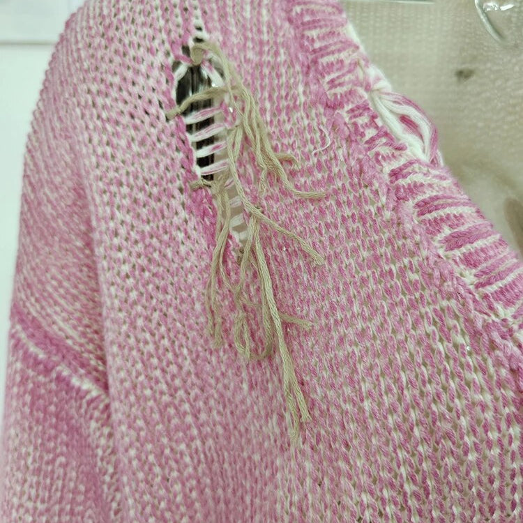 DEAT Fashion Women's Knitted Cardigan V-neck Distressed Hole Single Breasted Pockets Loose Sweater Winter 2024 New Tide 7AB1209