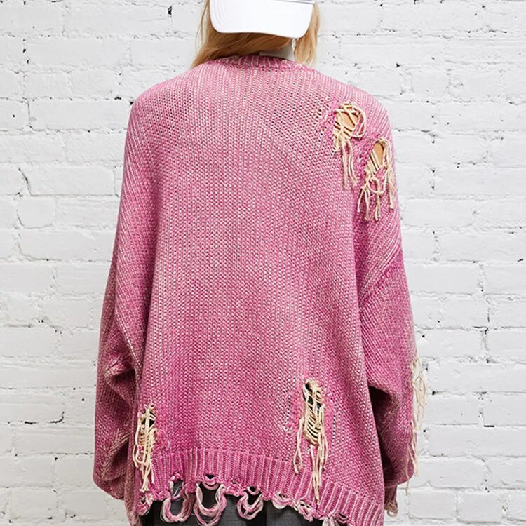 DEAT Fashion Women's Knitted Cardigan V-neck Distressed Hole Single Breasted Pockets Loose Sweater Winter 2024 New Tide 7AB1209