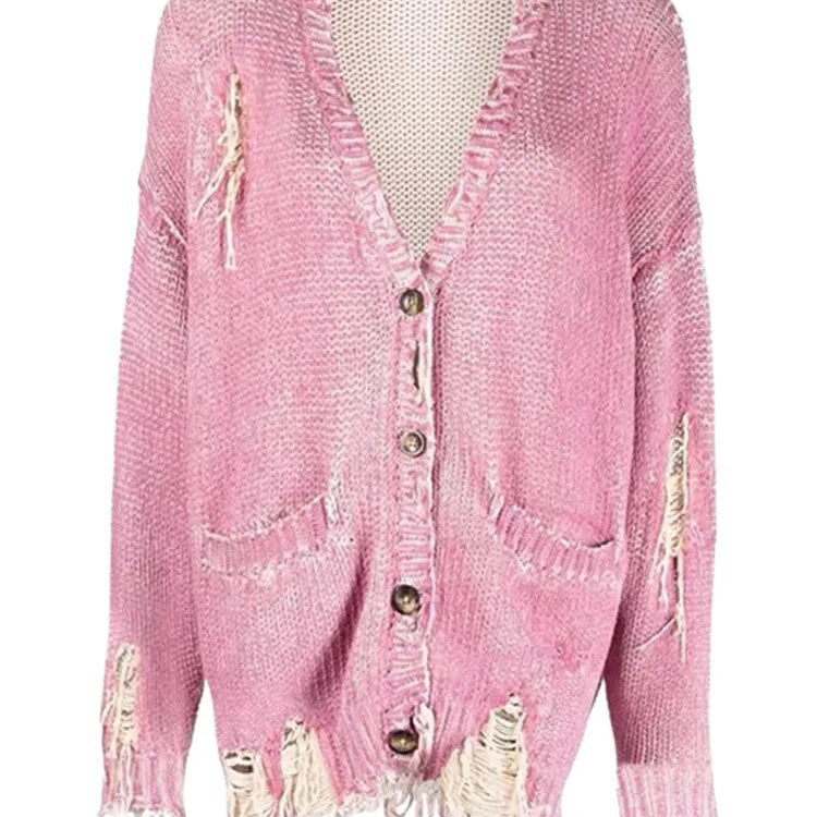DEAT Fashion Women's Knitted Cardigan V-neck Distressed Hole Single Breasted Pockets Loose Sweater Winter 2024 New Tide 7AB1209