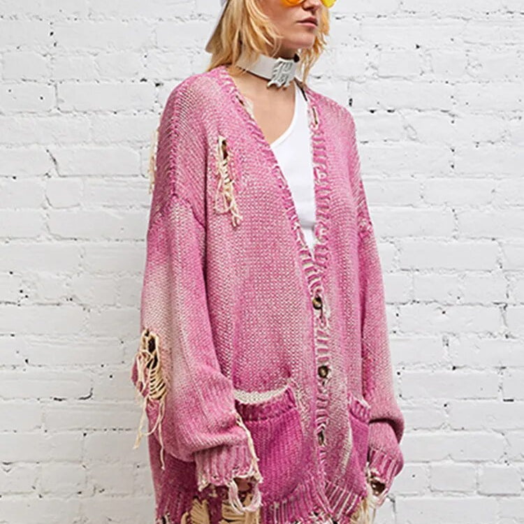 DEAT Fashion Women's Knitted Cardigan V-neck Distressed Hole Single Breasted Pockets Loose Sweater Winter 2024 New Tide 7AB1209