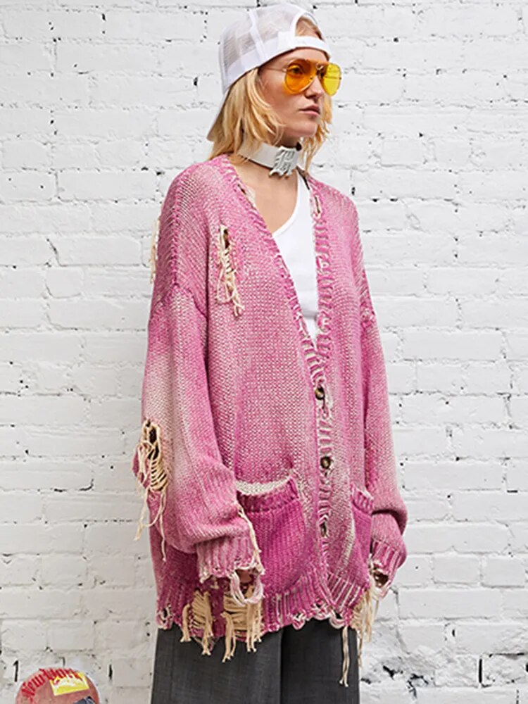 DEAT Fashion Women's Knitted Cardigan V-neck Distressed Hole Single Breasted Pockets Loose Sweater Winter 2024 New Tide 7AB1209