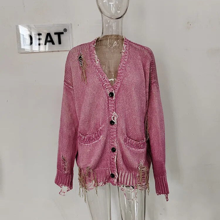 DEAT Fashion Women's Knitted Cardigan V-neck Distressed Hole Single Breasted Pockets Loose Sweater Winter 2024 New Tide 7AB1209 Pink
