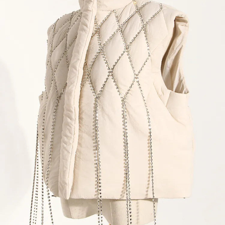 DEAT Fashion Women's Waistcoat Loose Stand Collar Single Breasted Sleeveless Plaid Diamonds Tassel Vest Winter 2023 New 1DF2572