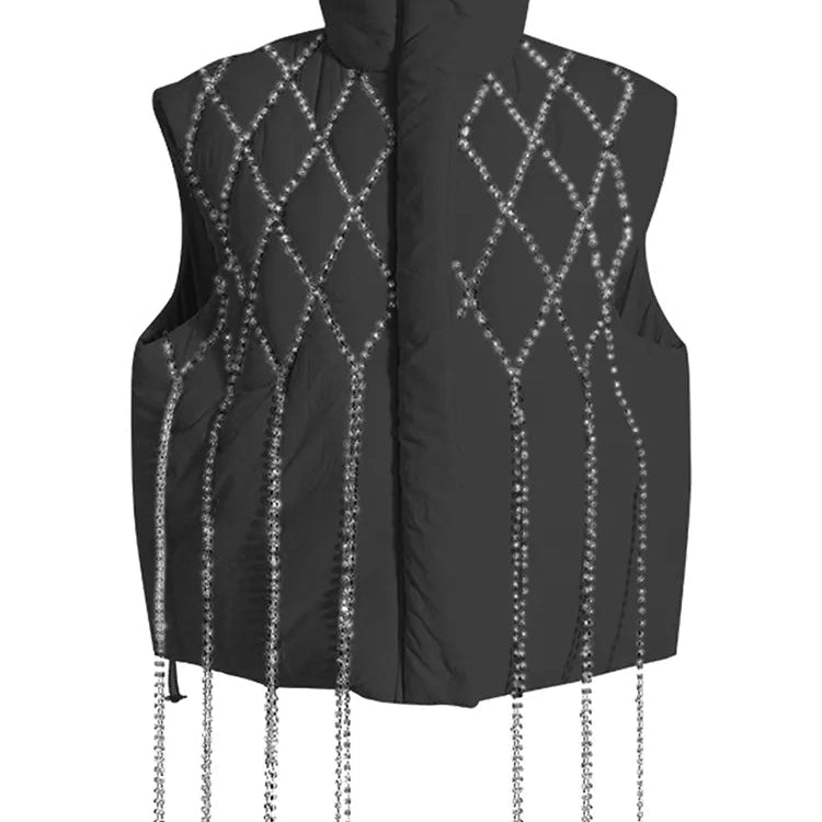 DEAT Fashion Women's Waistcoat Loose Stand Collar Single Breasted Sleeveless Plaid Diamonds Tassel Vest Winter 2023 New 1DF2572