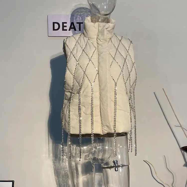 DEAT Fashion Women's Waistcoat Loose Stand Collar Single Breasted Sleeveless Plaid Diamonds Tassel Vest Winter 2023 New 1DF2572 Apricot