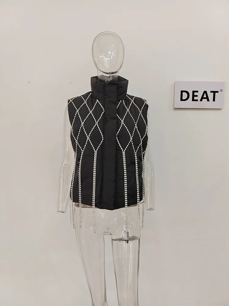 DEAT Fashion Women's Waistcoat Loose Stand Collar Single Breasted Sleeveless Plaid Diamonds Tassel Vest Winter 2023 New 1DF2572 Black