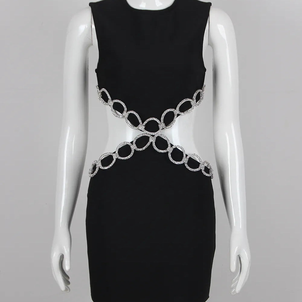 DEIVE TEGER 2023 New Summer Women'S Sexy Backless Cut-Out Diamond Luxury Black Tight Mini Dress Elegant Evening Club Party Dress