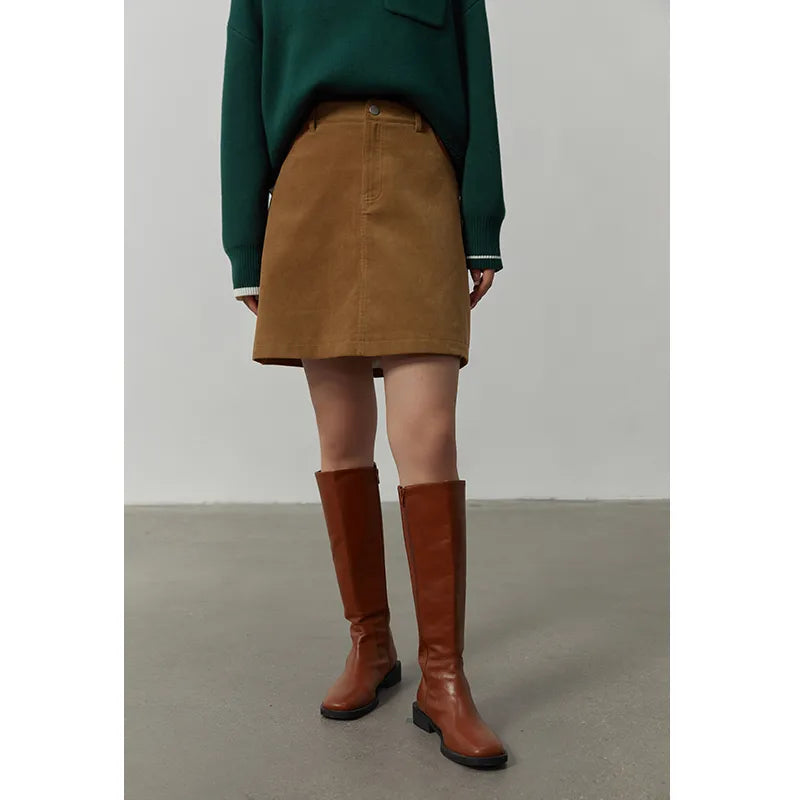 DUSHU Corduroy Retro High Waist Skirt Women Autumn Winter Back Slit Commuter Casual Solid Color Length-option Female Skirts Caramel colour Short