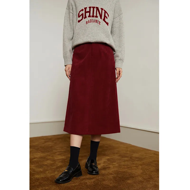 DUSHU Corduroy Retro High Waist Skirt Women Autumn Winter Back Slit Commuter Casual Solid Color Length-option Female Skirts Red Long