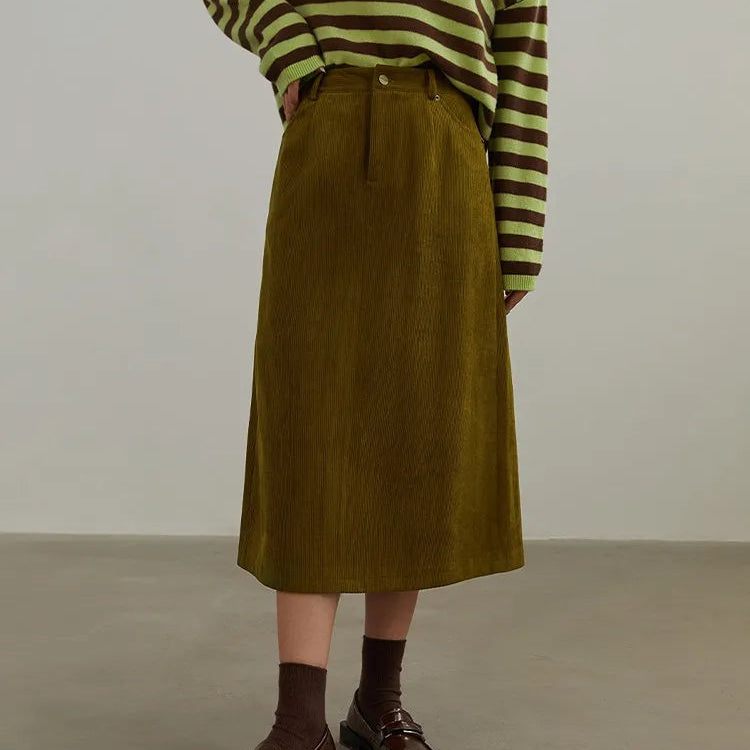 DUSHU Corduroy Retro High Waist Skirt Women Autumn Winter Back Slit Commuter Casual Solid Color Length-option Female Skirts