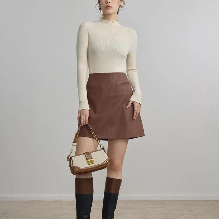 DUSHU High Waist Women A-LINE Pu Mini Skirts 2024 Autumn Brown Commuter Above-Knee Length Skirt Zipper Waist Female Skirt AMAIO