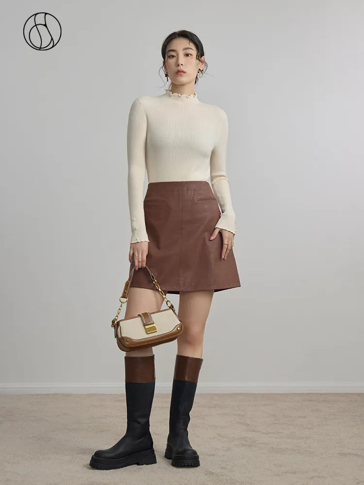DUSHU High Waist Women A-LINE Pu Mini Skirts 2024 Autumn Brown Commuter Above-Knee Length Skirt Zipper Waist Female Skirt