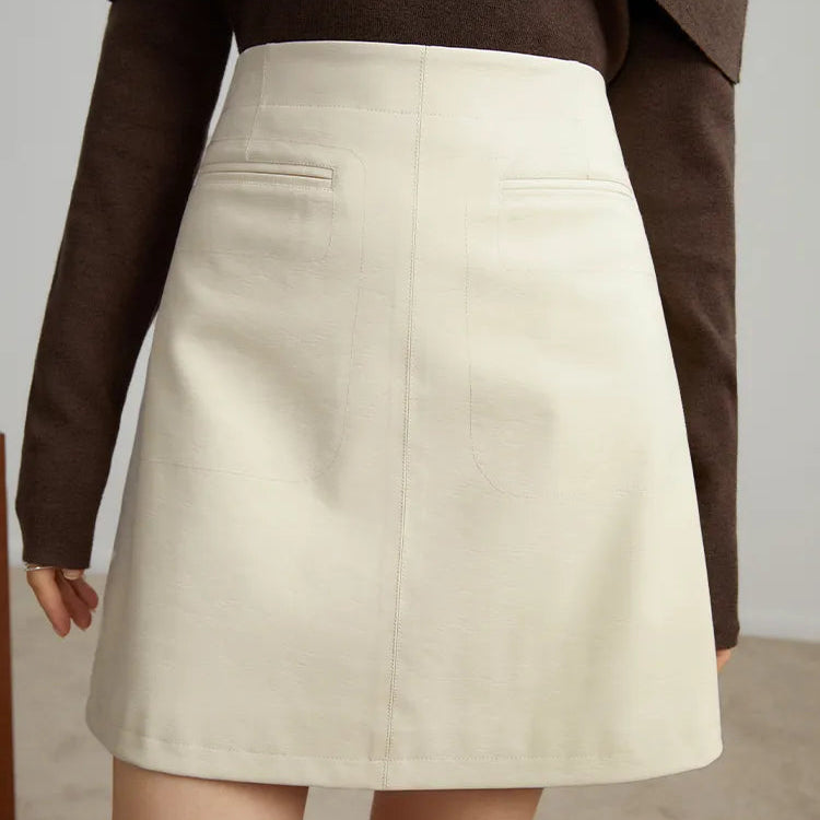 DUSHU High Waist Women A-LINE Pu Mini Skirts 2024 Autumn Brown Commuter Above-Knee Length Skirt Zipper Waist Female Skirt