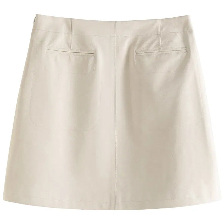 DUSHU High Waist Women A-LINE Pu Mini Skirts 2024 Autumn Brown Commuter Above-Knee Length Skirt Zipper Waist Female Skirt
