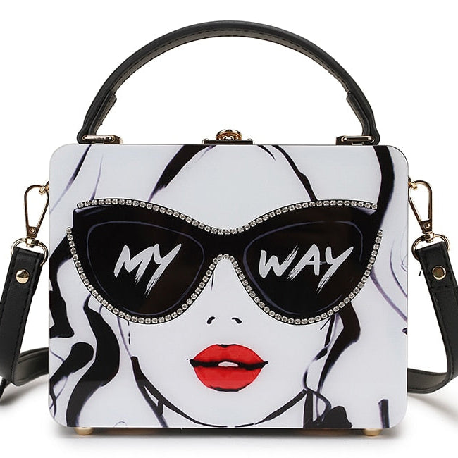 Dazzling Sunglasses Women Purses and Handbag Designer Cartoon Acrylic Style Shoulder Bag Female Crossbody Bag Party Clutch Totes White 19x7.5x15 CM