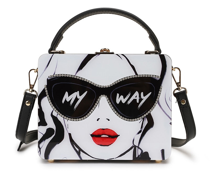 Dazzling Sunglasses Women Purses and Handbag Designer Cartoon Acrylic Style Shoulder Bag Female Crossbody Bag Party Clutch Totes White 19x7.5x15 CM