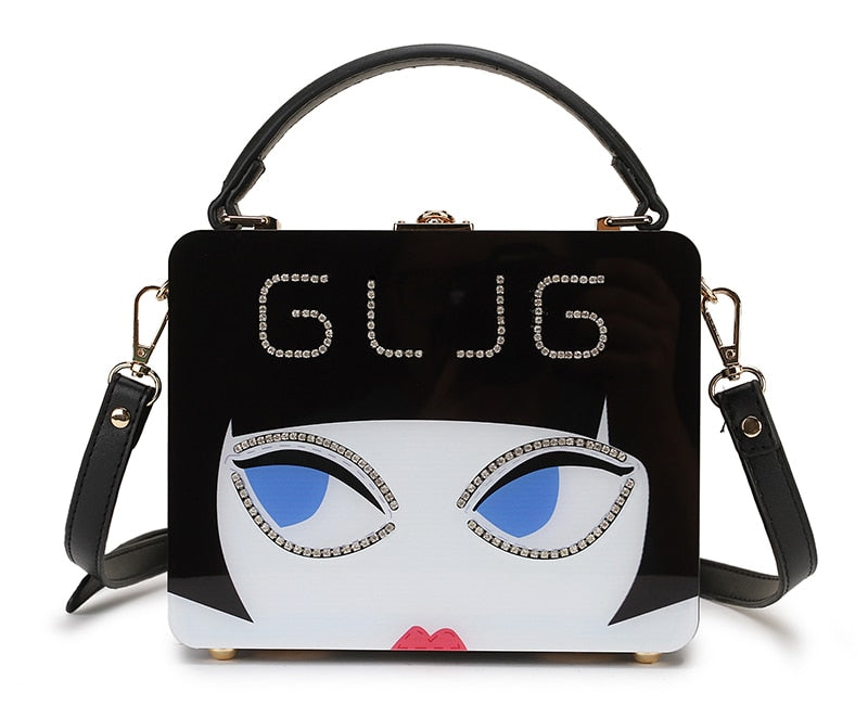 Dazzling Sunglasses Women Purses and Handbag Designer Cartoon Acrylic Style Shoulder Bag Female Crossbody Bag Party Clutch Totes Black 19x7.5x15 CM