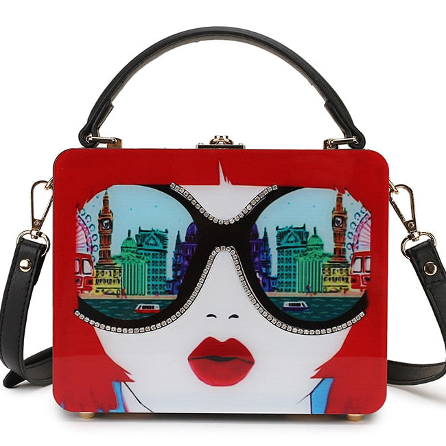 Dazzling Sunglasses Women Purses and Handbag Designer Cartoon Acrylic Style Shoulder Bag Female Crossbody Bag Party Clutch Totes Red 19x7.5x15 CM