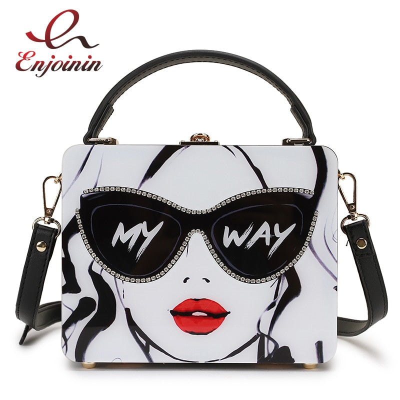 Dazzling Sunglasses Women Purses and Handbag Designer Cartoon Acrylic Style Shoulder Bag Female Crossbody Bag Party Clutch Totes AMAIO