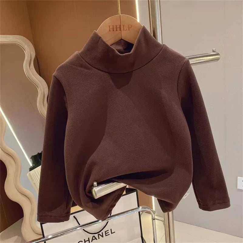 De Rong Half High Collar Children's T-shirt Girls' Autumn Clothing Versatile Bottom Top Brown