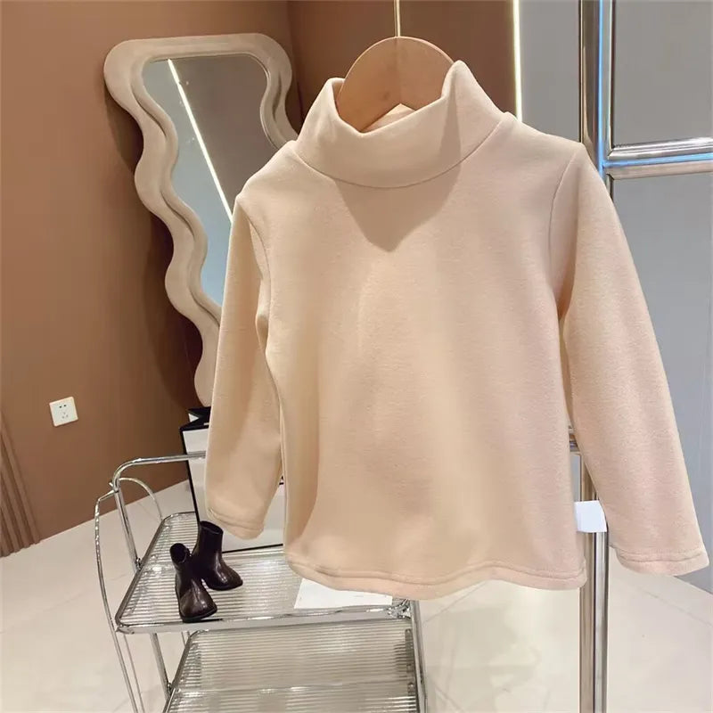 De Rong Half High Collar Children's T-shirt Girls' Autumn Clothing Versatile Bottom Top Beige