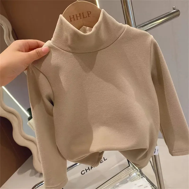 De Rong Half High Collar Children's T-shirt Girls' Autumn Clothing Versatile Bottom Top Khaki