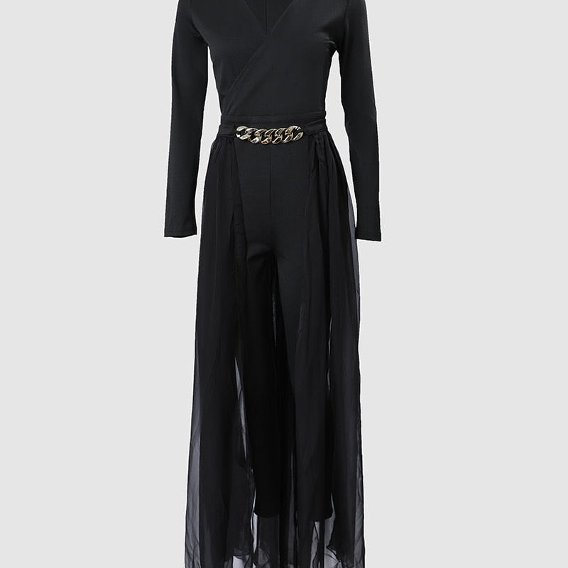 Deep V Neck Mesh Long Sleeve Jumpsuit One Piece Overall Women Black Elegant Rhinestone Chain Glitter Party Night Sexy Bodysuits