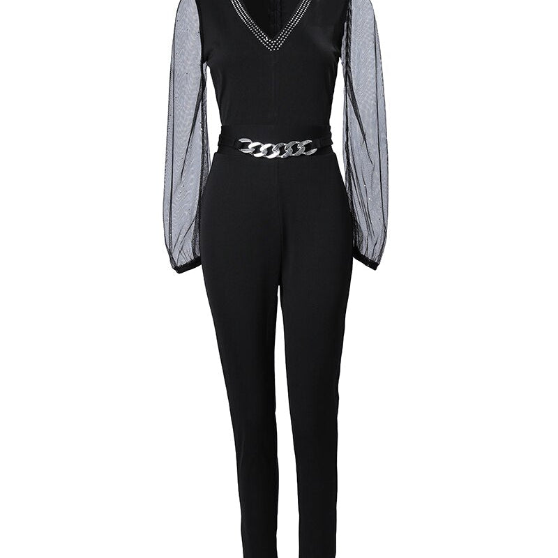 Deep V Neck Mesh Long Sleeve Jumpsuit One Piece Overall Women Black Elegant Rhinestone Chain Glitter Party Night Sexy Bodysuits