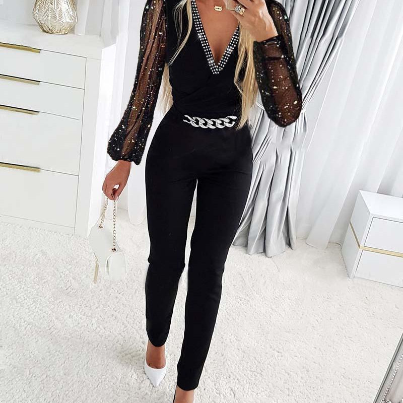 Deep V Neck Mesh Long Sleeve Jumpsuit One Piece Overall Women Black Elegant Rhinestone Chain Glitter Party Night Sexy Bodysuits AMAIO