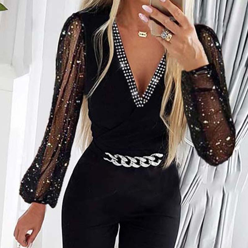 Deep V Neck Mesh Long Sleeve Jumpsuit One Piece Overall Women Black Elegant Rhinestone Chain Glitter Party Night Sexy Bodysuits